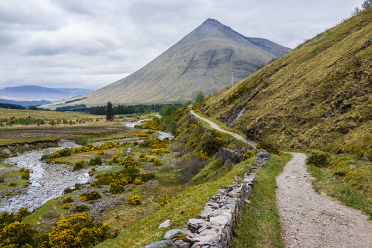 West Highland Way path with beautiful mountain and stone wall